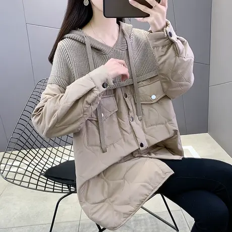 中长款连帽棉服女早春2023新款宽松显瘦针织毛衣拼接加厚套头上衣图片