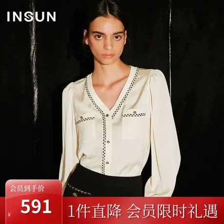 [触感香风]恩裳COVER2023秋新款时髦织带小香风拼接缎面醋酸衬衫图片