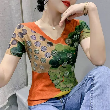 2023夏季新款网纱洋气T恤女短袖时尚印花修身小衫设计感V领上衣潮商品大图