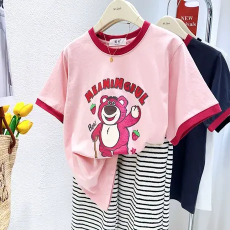韩国东大门夏季短袖上衣洋气夜光小熊拼色纯棉T恤正肩体恤小个子商品大图