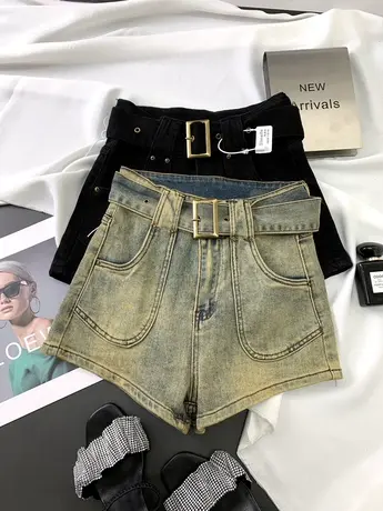 美式复古做旧牛仔短裤女2023秋季新款高腰显瘦阔腿裤腰带辣妹热裤图片