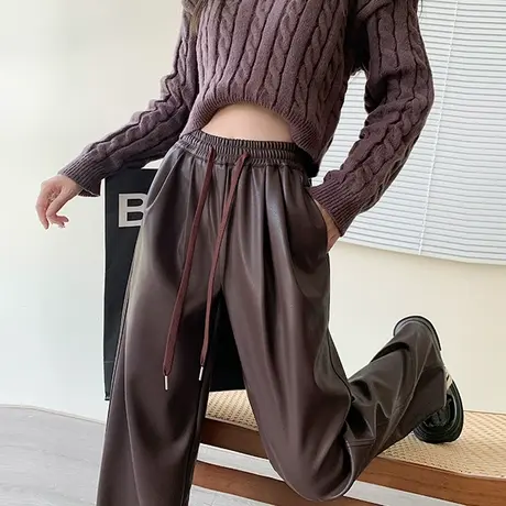棕色pu皮裤女高腰垂感阔腿裤子2023秋季冬季新款宽松直筒休闲长裤商品大图