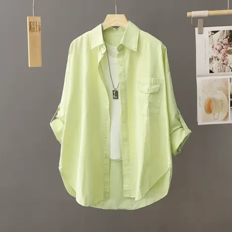 长袖纯棉衬衫女秋季2023新款衬衣别致漂亮小衫绿色上衣设计感小众商品大图