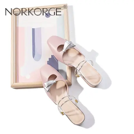 原创新款仙女风复古温柔粉包头凉拖女真皮方头粗跟蝴蝶结外穿凉鞋商品大图