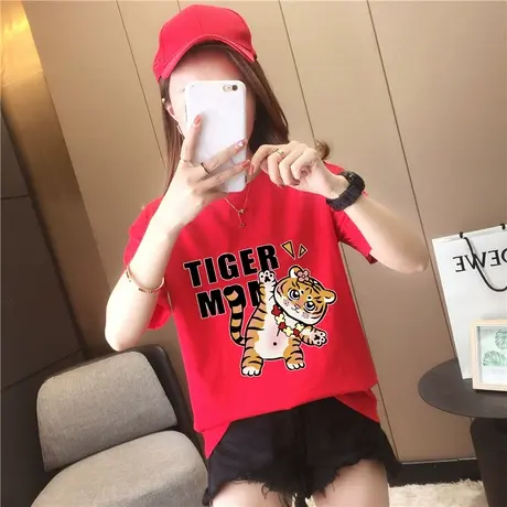 红色本命年t恤女2023春季新款复古宽松印花短袖百搭圆领虎年上衣商品大图