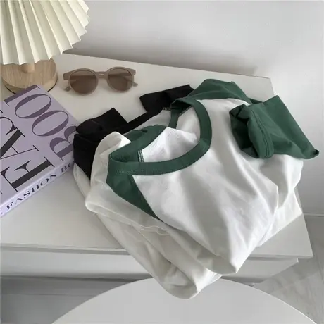 棉质撞色光板圆领长袖T恤打底衫女宽松大码中长款早秋上衣T恤女商品大图