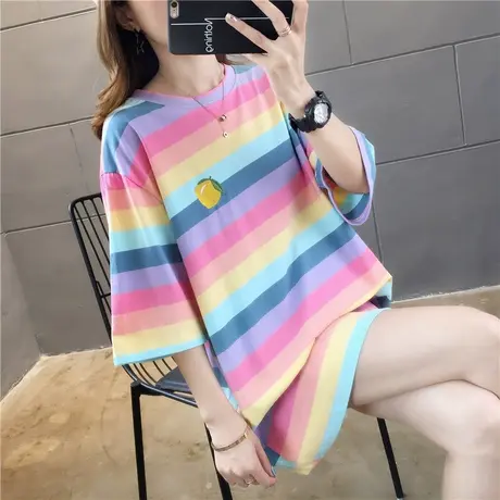 短袖t恤女夏装韩版大码宽松彩虹条纹中长款学生下衣失踪上衣服潮图片
