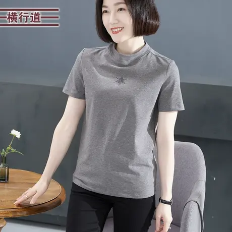 短袖t恤女夏季半高领绣花半袖打底 宽松纯色大码上衣女士夏装新款商品大图
