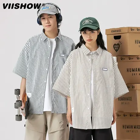 VIISHOW潮牌日系条纹短袖衬衫男2023夏季情侣宽松百搭上衣服外套图片