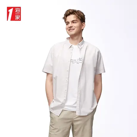 海一家简约休闲格纹衬衣2023夏季新款扣领尖领时尚短袖衬衫男商品大图