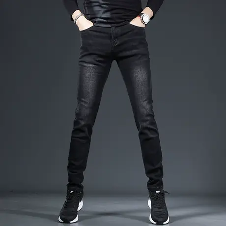 加绒牛仔裤男冬季2022新款加厚保暖修身小脚黑色休闲男士裤子冬款商品大图