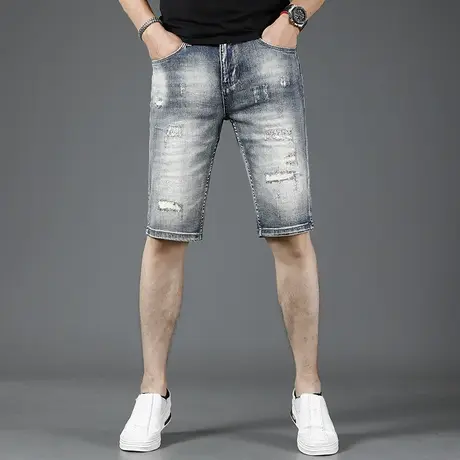 破洞牛仔短裤男夏季薄款五分裤修身显瘦潮流男士休闲中裤2023新款商品大图