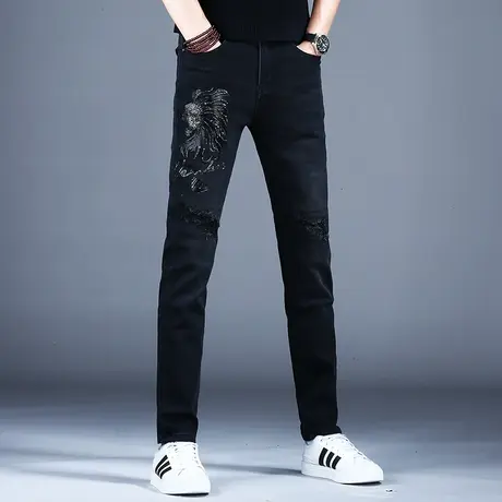 烫钻破洞牛仔裤男款修身小脚裤子弹力潮牌潮流裤子2023新款秋款季商品大图