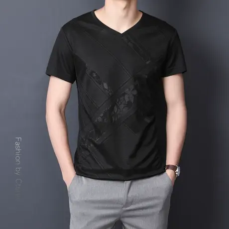 夏季新款短袖t恤男修身V领半袖体恤衫潮流提花男青年帅气上衣薄商品大图