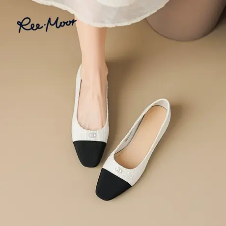 REEMOOR睿慕2023秋季新款法式黑白拼接女鞋小香风平底鞋粗跟单鞋商品大图