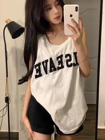 纯棉吊带运动坎肩背心无袖t恤女夏季设计感小众外穿宽松挂脖上衣图片