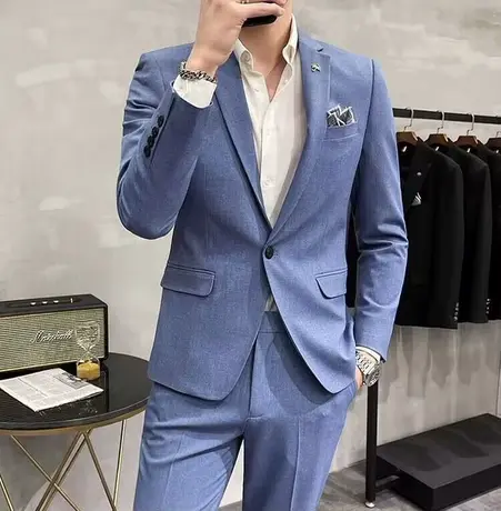 西装套装男修身西服浅蓝色结婚新郎礼服商务休闲上班正装三件套潮图片