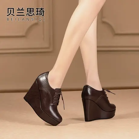 真皮圆头厚底深口坡跟单鞋女2024春秋季新款系带防水台高跟鞋图片