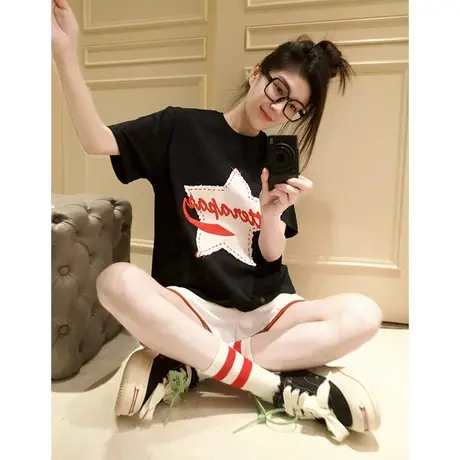 黑色t恤女短袖夏季新款大码胖mm小众宽松卡通百搭时髦上衣2-300斤商品大图