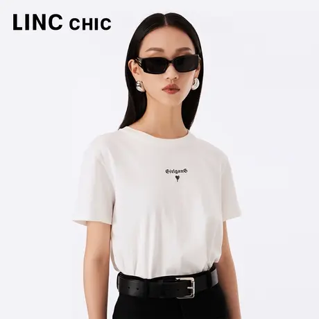 LINCCHIC金羽杰2023秋季新款精致字母印花黑白透气圆领短袖T恤女商品大图
