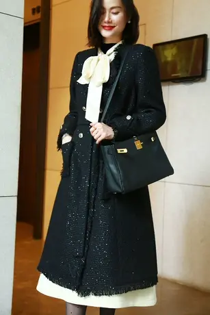 2023秋冬设计师新款女士毛呢加厚收腰瘦身优雅大气外套大衣商品大图