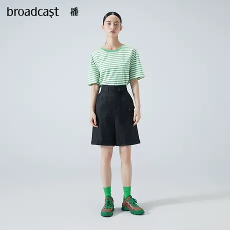 播休闲裤女2023春夏季新款半松紧腰装饰不对称口袋直筒裤高腰短裤商品大图