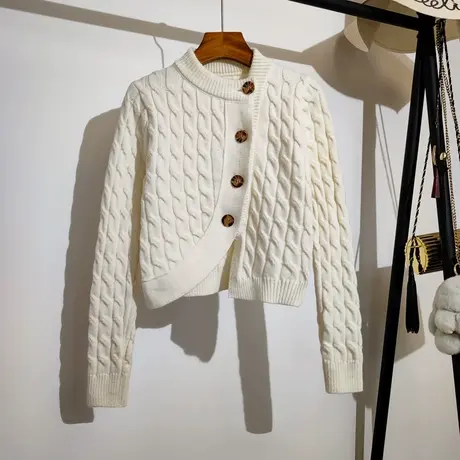 不规则斜扣麻花毛衣女秋冬新款韩版修身显瘦长袖短款针织开衫外套商品大图