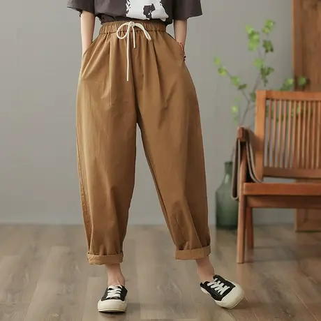 dza 高腰显瘦纯棉休闲裤女2023春季九分直筒阔腿裤宽松百搭哈伦裤商品大图
