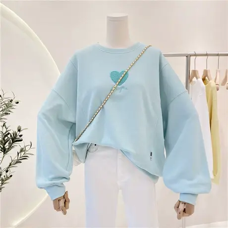 卫衣女春秋薄款2021新款韩版ins潮时尚贴布桃心宽松套头无帽上衣图片