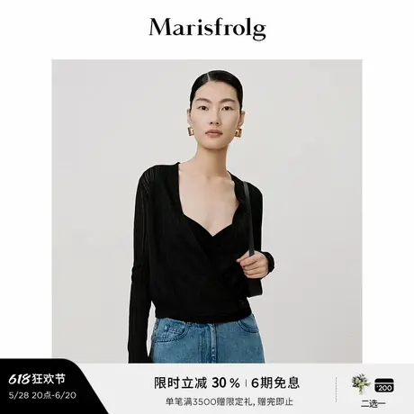 【商场同款】玛丝菲尔秋季黑色V领交叠式镂空针织衫图片