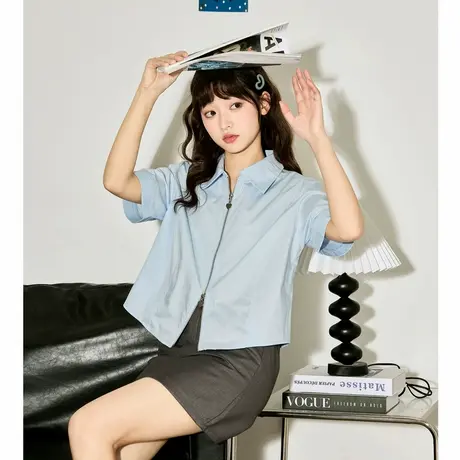 唐狮春夏新款短袖衬衫女polo领拉链正肩短款jk上衣显瘦甜辣图片