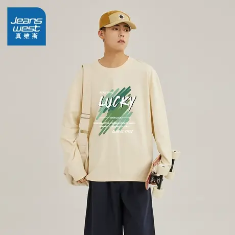 JR真维斯男装2025春季新款220G纯棉潮流印花通勤纯棉休闲长袖T恤图片