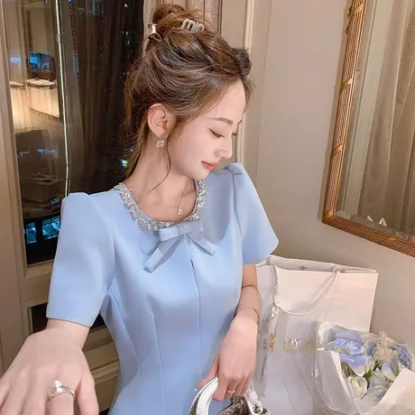 爵莱菲大码胖mm订钻miu里miu气连衣裙女夏季新款法式裙子穿搭商品大图