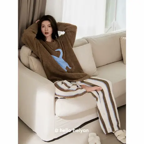 贝妍睡衣女秋冬新款珊瑚绒条纹长裤套装时尚大码保暖半边绒家居服商品大图