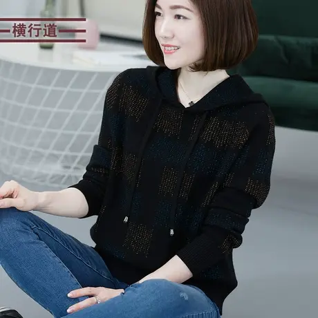 2023冬装连帽黑色亮丝针织衫休闲宽松大码女装上衣纯色打底衫长袖图片