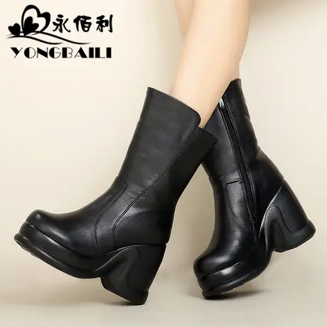 加厚绒里保暖雪地靴女鞋2025冬新款真皮女靴坡跟高跟中筒松糕厚底商品大图