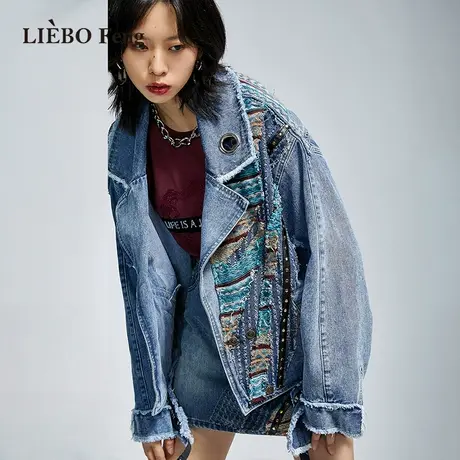 裂帛LIEBOFeng原创设计2023秋季宽松BF慵懒风刺绣铆钉牛仔外套女商品大图