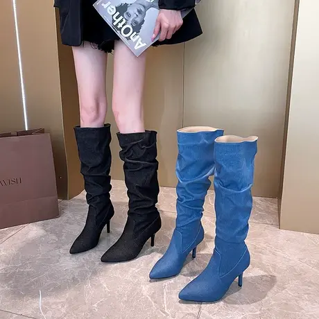 夏日爆款堆堆靴女2023年新款尖头细跟高跟长筒靴法式显瘦女靴子潮图片