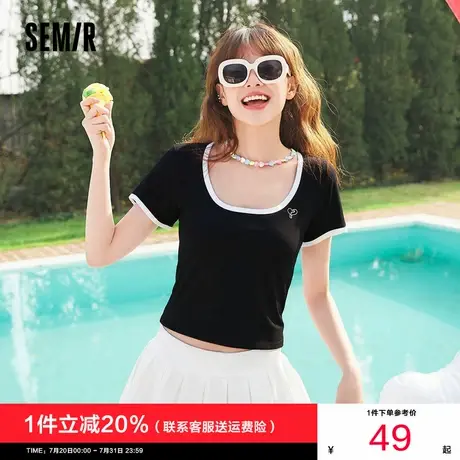 森马短袖T恤女短款正肩小性感2024夏季新款显瘦紧身撞色上衣简约商品大图