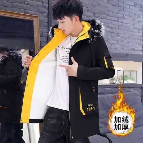 冬季男士外套中长款韩版潮流加绒加厚羊羔毛棉夹克冬天工装风衣服商品大图