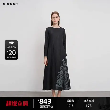 sdeer圣迪奥女装圆领印花撞色亚麻长袖连衣裙S24381209图片