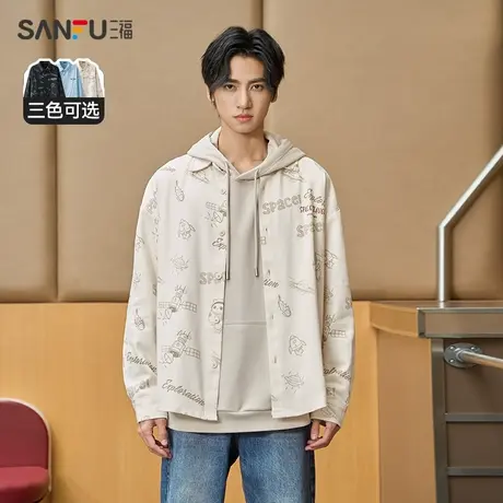 三福2023冬男士满版熊猫印花长衬衫 宽松翻领纯棉上衣男476200商品大图