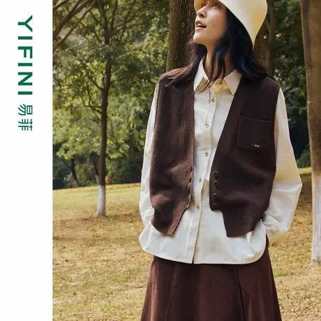 [专柜同款]Yifini/易菲气质百搭短款针织开衫毛织马夹25秋装新款商品大图