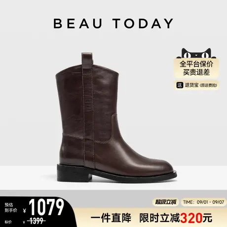 BeauToday真皮骑士靴女2025秋季新款西部靴厚底中筒靴黑色单靴女商品大图