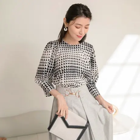 桔熊春秋法式复古几何印花泡泡袖雪纺衫修身上衣女装大码AB16812商品大图