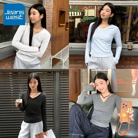 KV真维斯v领长袖t恤女2025新款春秋款女士修身显瘦内搭打底衫上衣商品大图
