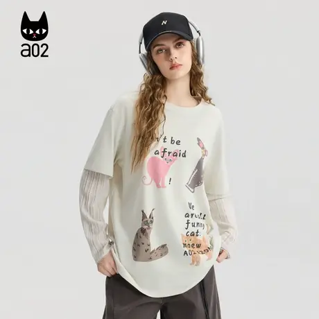 a02黑猫系列宽松假两件圆领长袖T恤女2025新款秋季百搭打底衫上衣商品大图