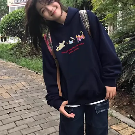 大码连帽卫衣女秋冬加绒加厚美式宽松oversize小个子藏蓝色外套潮商品大图