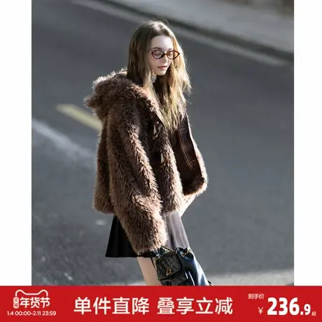 唐狮2026秋冬新款女加厚短外套连帽可爱仿羔毛毛茸茸超可爱上衣图片
