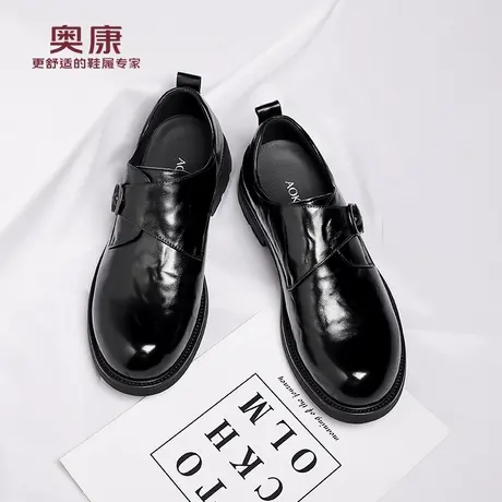 奥康 男鞋2025秋冬新款休闲皮鞋男款真皮透气黑色商务厚底孟克鞋H商品大图